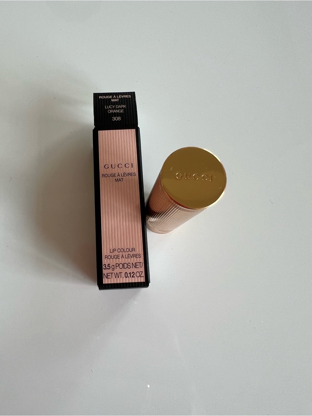 Gucci Matte Lipstick Lucy Dark Orange 308 with Pink Box and Gold Cap